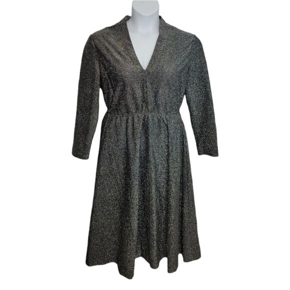 VINTAGE‎ 70s dress silver metallic glitter long sleeve v-neck M - Picture 1 of 9